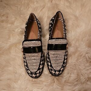 Betsy Johnson Women's Darian Loafer - black and white,  pearl, rhinestone detail